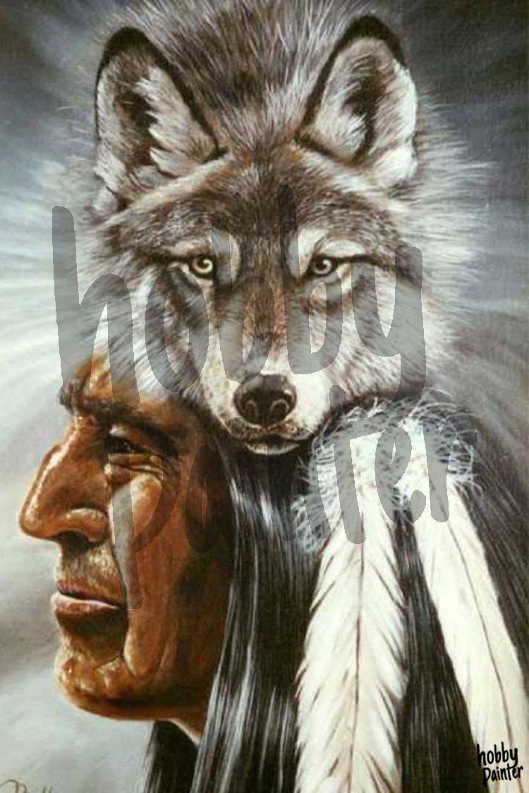 Diamond Painting Indiaan met wolf man voorbeeld Hobby Painter