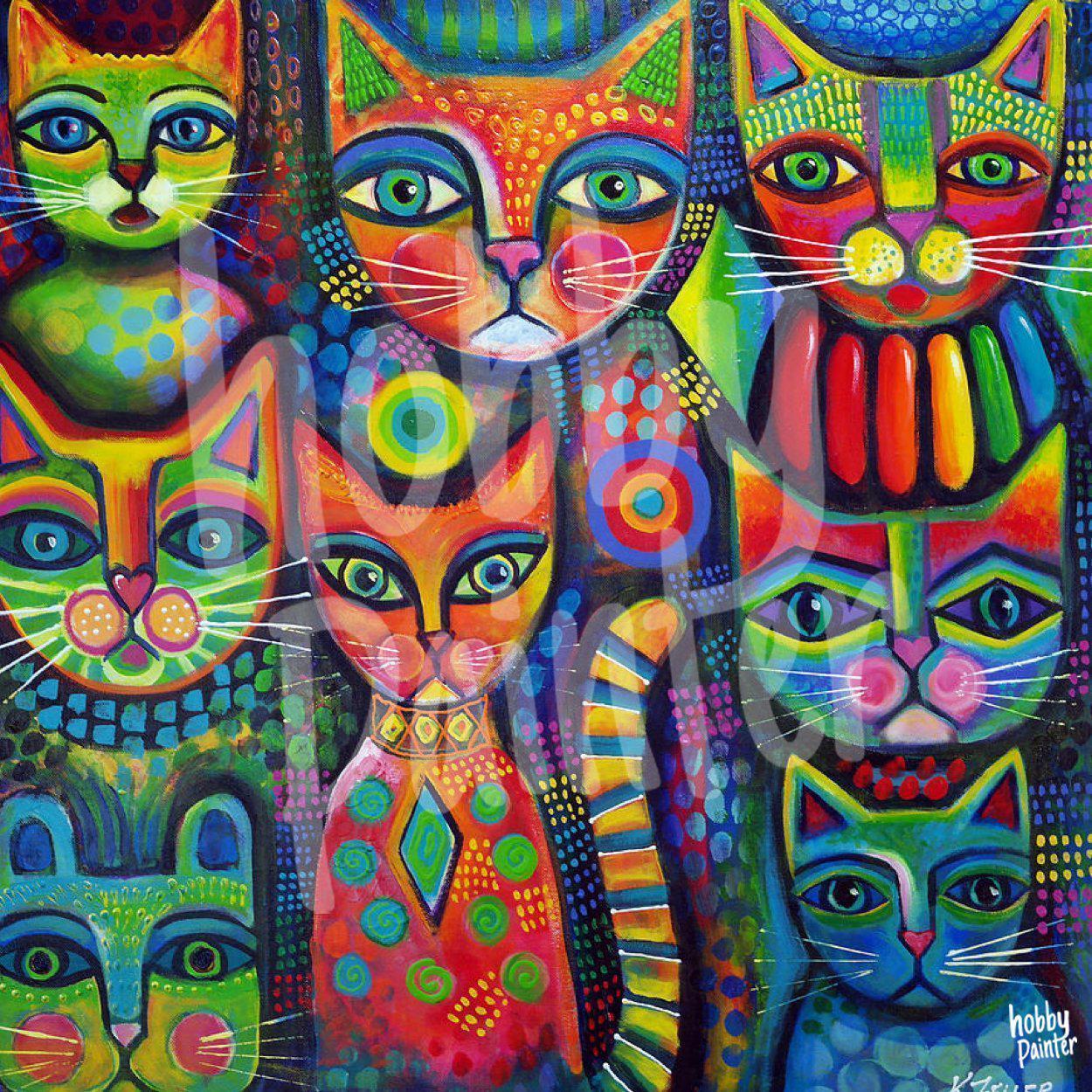 Schilderen op nummer Katten gekleurd voorbeeld Hobby Painter